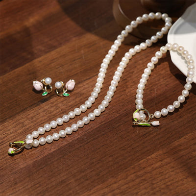 Buddha Stones Natural Pearl Tulip Flower Healing Necklace Pendant Bracelet Earrings Set Bracelet Necklaces & Pendants BS 3Pcs(Necklace Bracelet&Earrings)