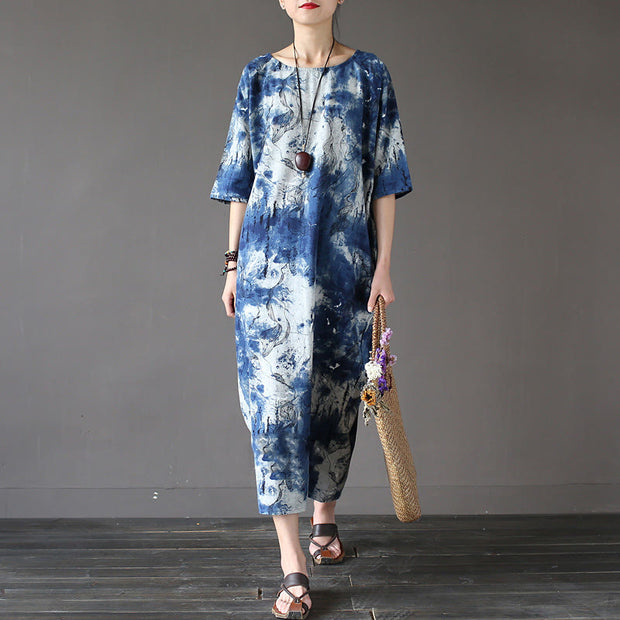 Buddha Stones Ink Tie Dye Midi Dress Three Quarter Sleeve Cotton Linen Dress With Pockets 1