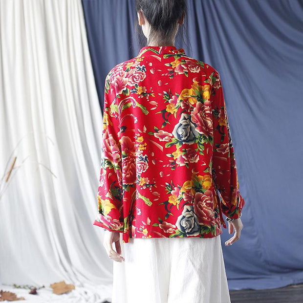 Buddha Stones Ethnic Red Flower Peony Frog-Button Cotton Linen Long Sleeve Shirt Jacket With Pockets 3