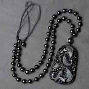 Buddha Stones Black Obsidian Koi Fish Engraved Strength Beaded Necklace Pendant Necklaces & Pendants BS 9