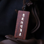 Buddha Stones 999 Sterling Silver Small Leaf Red Sandalwood Ebony Wood Om Mani Padme Hum Inlaid Protection Necklace Pendant
