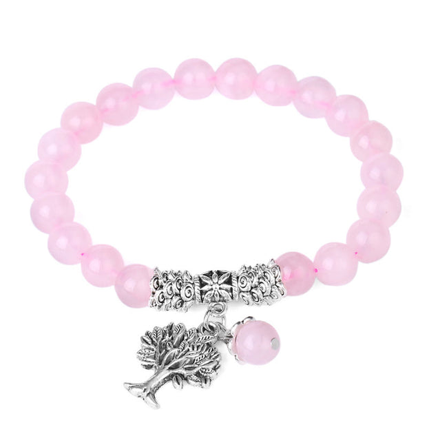 Buddha Stones Natural Gemstone Tree of Life Lucky Charm Stretch Bracelet Bracelet BS Pink Crystal
