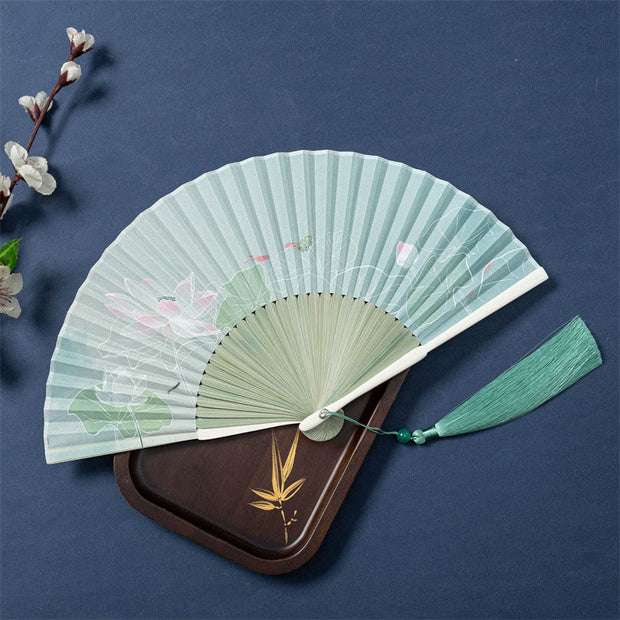 Buddha Stones Lotus Begonia Flower Jasmine Handheld Silk Bamboo Folding Fan 21cm 16