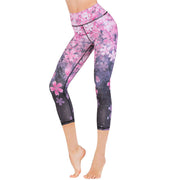 Buddha Stones Lotus Cherry Blossom Gradient Peacock Print Lycra Fabric Sports Cropped Leggings Women's Yoga Capri Pants Women's Capri Pants BS Cherry Blossom Print XL(Fit for US8-10; UK/AU12-14; EU40-42)