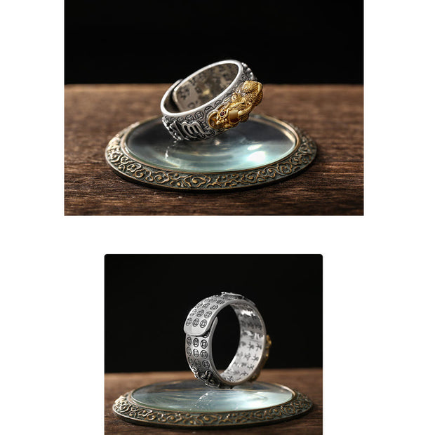 Buddha Stones Tibetan 990 Sterling Silver Om Mani Padme Hum PiXiu Dorje Vajra Heart Sutra Engraved Wealth Ring Ring BS 12