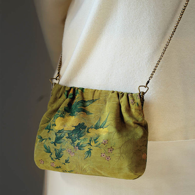 Buddha Stones Yellow Green Flower Black Persimmon Metal Chain Crossbody Bag Shoulder Bag Handbag Crossbody Bag BS 3