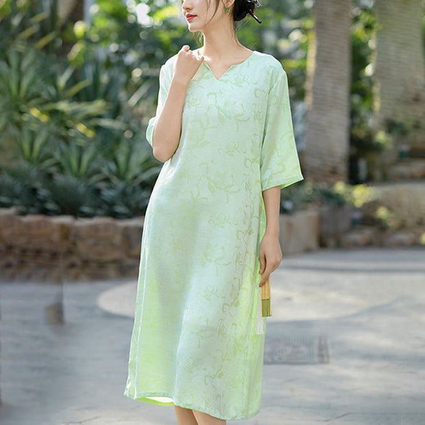 Buddha Stones Green White Satin Jacquard Cheongsam Midi Dress Half Sleeve Dress With Pockets