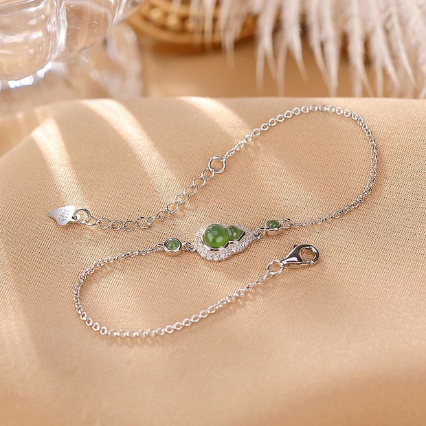 Buddha Stones 925 Sterling Silver Plated Gold Natural Hetian Cyan Jade Gourd Luck Bracelet Ring Set Bracelet Necklaces & Pendants BS 925 Sterling Silver Bracelet(Wrist Circumference 14-16cm)