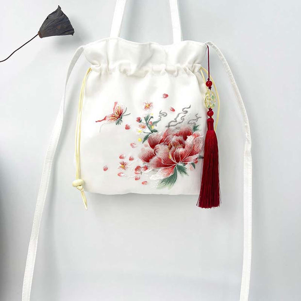 Buddha Stones Suzhou Embroidery Lotus Deer Epiphyllum Peony Rabbit Cotton Linen Tote Crossbody Bag Shoulder Bag Handbag Crossbody Bag BS 17