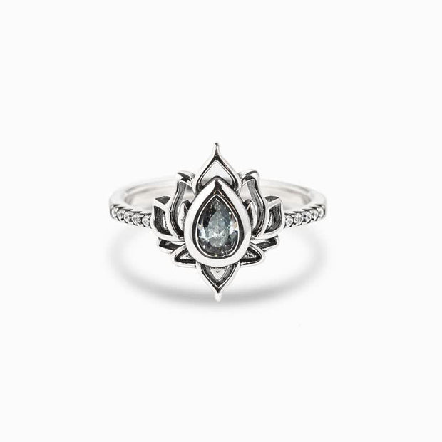 Buddha Stones Sterling Silver Lotus Zircon Blessing Protection Ring