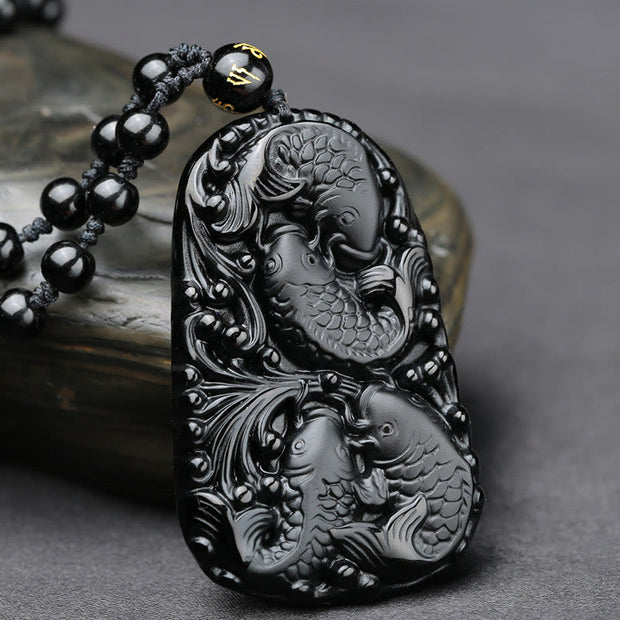 Buddha Stones Black Obsidian Koi Fish Engraved Strength Beaded Necklace Pendant Necklaces & Pendants BS 1