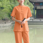 Buddha Stones 2Pcs Women's Short Sleeve Shirt Top T-Shirt Pants Meditation Zen Tai Chi Cotton Linen Clothing Set Women's Meditation Cloth BS Orange(Top&Pants) 6XL(Bust 128cm/Waist 78-114cm/Hips 134cm)