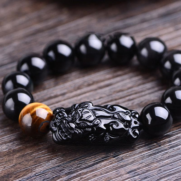 Buddha Stones Natural Black Obsidian PiXiu Tiger's Eye Strength Bracelet Bracelet BS 9