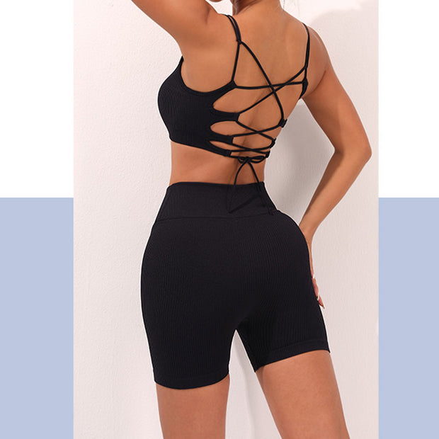 Buddha Stones Seamless Fitness Strappy Backless Bra Crop Tank Top Shorts Sports Gym Yoga Outfits
