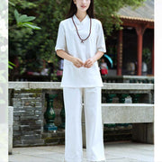 Buddha Stones 2Pcs Half Sleeve V-Neck Shirt Top Pants Meditation Zen Tai Chi Linen Clothing Women's Set Women's Meditation Cloth BS 7