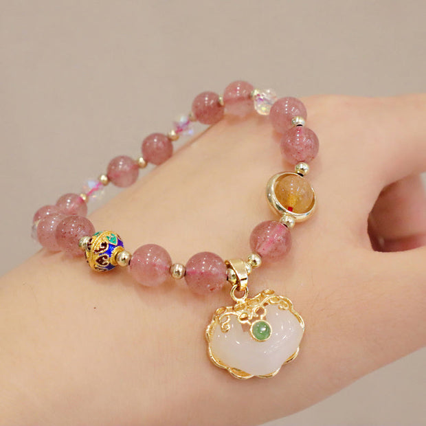 Buddha Stones Strawberry Quartz Green Crystal Amethyst Healing Chinese Lock Charm Bracelet