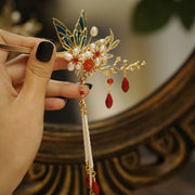 Buddha Stones Classical Chinese Style Flower Branche Butterfly Pearl Tassel Hair Clip Hair Comb Hair Crown