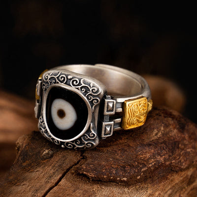 Buddha Stones 925 Sterling Silver Zakiram Goddess of Wealth Design Dzi Bead Protection Ring