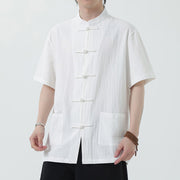 Buddha Stones Frog-Button Chinese Tang Suit Short Sleeve Shirt Linen Men Clothing With Pockets
