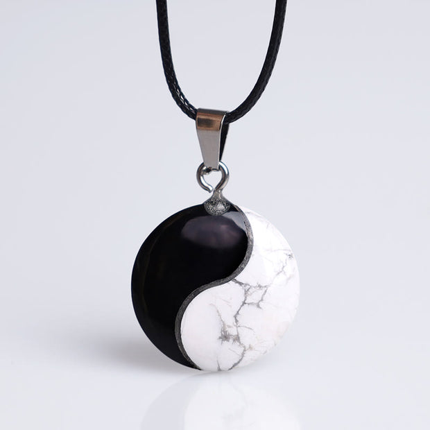 Buddha Stones Natural Black Obsidian White Turquoise Yin Yang Transformation Rope Necklace Pendant