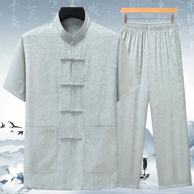 Buddha Stones Gourd Flower Leaves Tang Suit Short Sleeve Shirt Pants Clothing Men's Set Men's Meditation Cloth BS 11