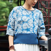 Buddha Stones Blue Flowers Three Quarter Sleeve Top Casual Tee T-shirt