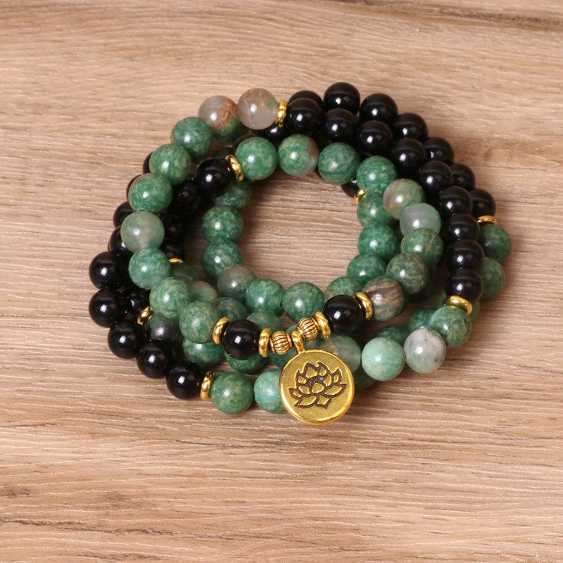 Men's Tashi Mala Bracelet | Matte Black Onyx Gemstones | Wood Grain Agate | Luxury Mala Beads | popular Health | Balance | Protection | Abundance