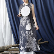 Buddha Stones Ancient Ramie Linen Flowers Printing Cheongsam Dresses Sleeveless Dress 11