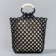 Buddha Stones Hand-woven Fishing Line Braiding Mesh Hollow Wooden Beads Handbag Handbags BS Black 30*10*27cm