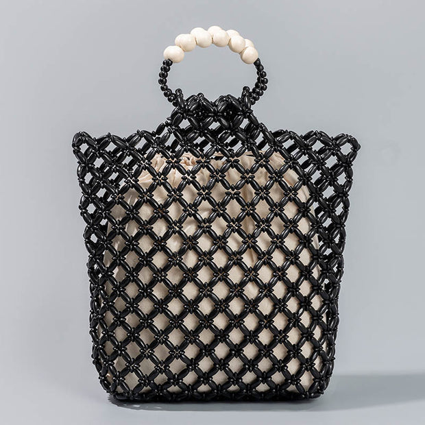 Buddha Stones Hand-woven Fishing Line Braiding Mesh Hollow Wooden Beads Handbag Handbags BS Black 30*10*27cm