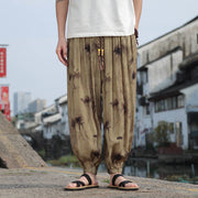 Buddha Stones Leaf Pattern Loose Men's Harem Pants With Pockets