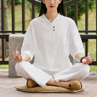 Buddha Stones 2Pcs Shirt Top Pants Meditation Zen Tai Chi Cotton Linen Clothing Women's Set Women's Meditation Cloth BS White(Top&Pants) 2XL(Bust 124cm/Waist 68-104cm/Pants Length 97cm)