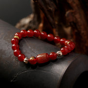 Buddha Stones Natural Red Agate Green Agate Buddhist Sutras Calm Bracelet Bracelet BS Red Agate Bucket Bead Bracelet(Wrist Circumference: 14-16cm)