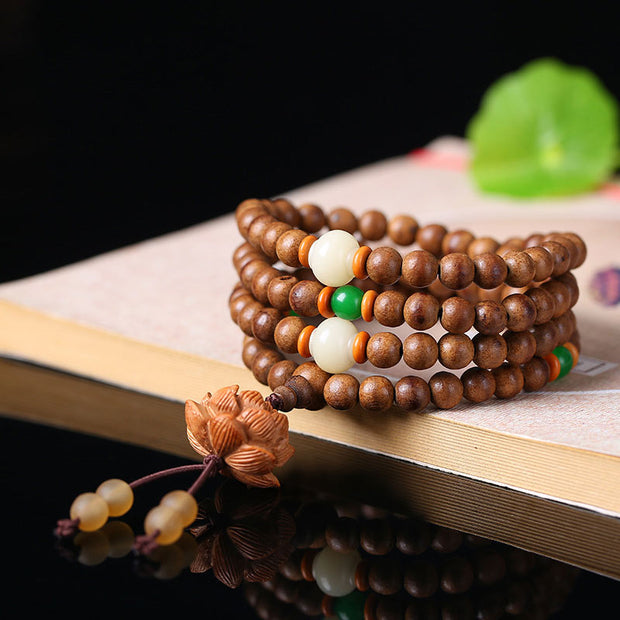 Buddha Stones 108 Mala Beads Peach Wood Bodhi Seed Lotus Prayer Meditation Bracelet