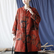Buddha Stones Orange Peony Flower Cotton Linen Frog-Button Open Front Jacket With Pockets 18