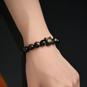 Buddha Stones Gold Sheen Obsidian Silver Sheen Obsidian Lovely Paw Lucky Cat Protection Bracelet