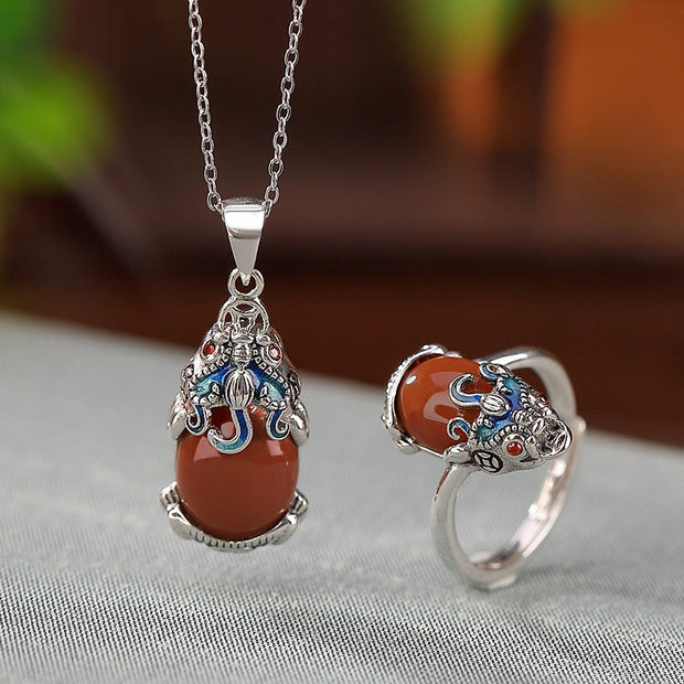 Buddha Stones 925 Sterling Silver Red Agate Copper Coins PiXiu Protection Ring Necklace Pendant Set Bracelet Necklaces & Pendants BS 2Pcs(Necklace&Ring)