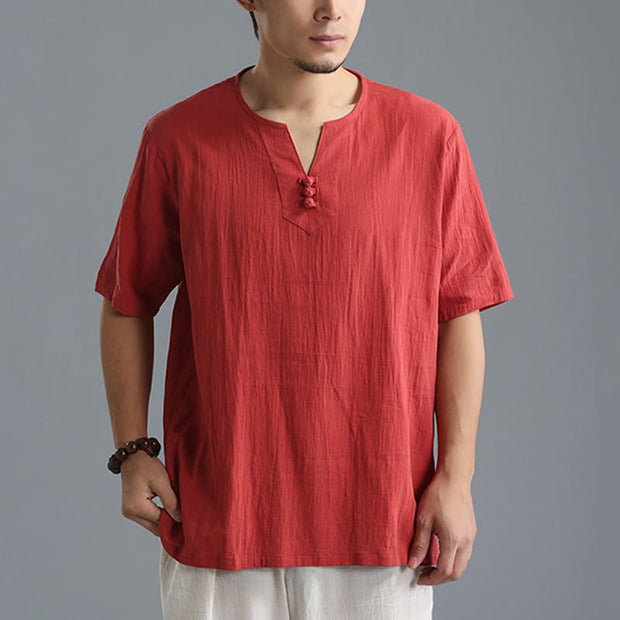 Buddha Stones Men's Solid Color V-Neck Button Short Sleeve Cotton Linen Shirt