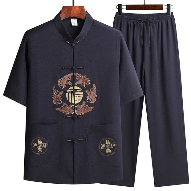 Buddha Stones Fu Character Tang Suit Hanfu Traditional Uniform Short Sleeve Top Pants Clothing Men's Set Men's Meditation Cloth BS Navy Blue(Top&Pants) 3XL(Bust 124cm/Waist 71-112cm/Pants Length 102cm)