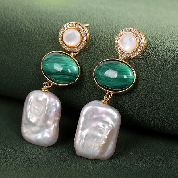 Buddha Stones 925 Sterling Silver Natural Baroque Pearl Malachite Healing Wisdom Drop Earrings