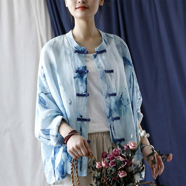 Buddha Stones Tie Dye Blue Flowers Frog-Button Design Long Sleeve Ramie Linen Jacket Shirt 23