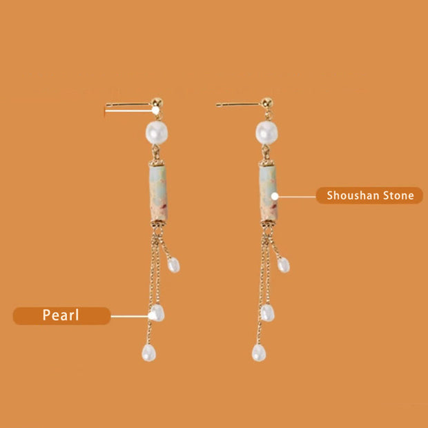 Buddha Stones 925 Sterling Silver Posts Shoushan Stone Pearl Healing Drop Earrings