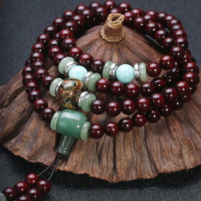 Buddha Stones 108 Beads Small Leaf Red Sandalwood Green Aventurine Amazonite Luck Healing Bracelet Mala