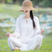 Buddha Stones 2Pcs Plain Design Top Pants Meditation Yoga Zen Tai Chi Cotton Linen Clothing Women's Set Clothes BS White(Top&Pants) 2XL(Suitable for Weight 65-72.5kg)