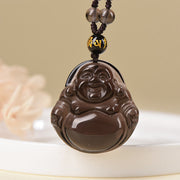 Buddha Stones Natural Black Obsidian Ice Obsidian Laughing Buddha Purification Necklace Pendant Necklaces & Pendants BS 3