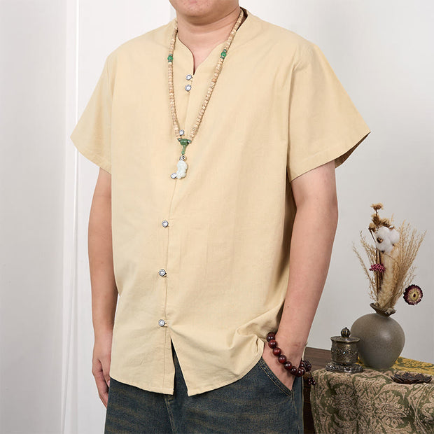 Buddha Stones Men's Short Sleeve Button Down Cotton Linen Shirt Men's Shirts BS Bisque 3XL(Fit for US/UK/AU44; EU54)