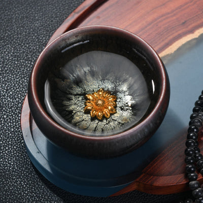 Buddha Stones 24K Gold Inlaid Sunflower Chinese Jianzhan Glaze Kiln Change Ceramic Teacup Tenmoku Kung Fu Tea Cup (Extra 35% Off | USE CODE: FS35) - Cup 8.3*4.8cm*90ml - image 0