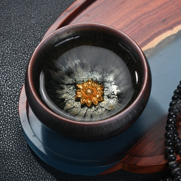 Buddha Stones 24K Gold Inlaid Sunflower Chinese Jianzhan Glaze Kiln Change Ceramic Teacup Tenmoku Kung Fu Tea Cup (Extra 35% Off | USE CODE: FS35) - Cup 8.3*4.8cm*90ml - image 0