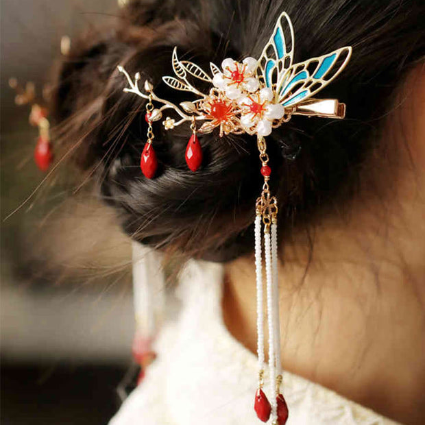 Buddha Stones Classical Chinese Style Flower Branche Butterfly Pearl Tassel Hair Clip Hair Comb Hair Crown