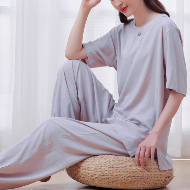 Buddha Stones 2Pcs Half Sleeve T-Shirt Pants Meditation Zen Tai Chi Cotton Linen Clothing Unisex Set